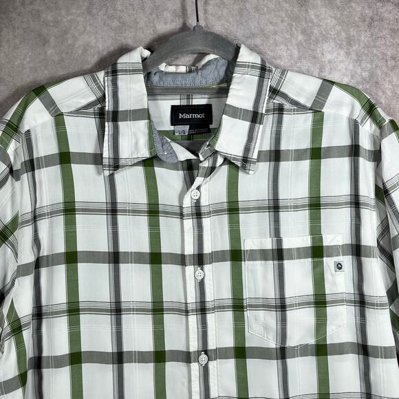 Marmot Shirt Mens‎ Large White Gray Green Plaid Button Up Short Sleeve Outdoor - Picture 2 of 10